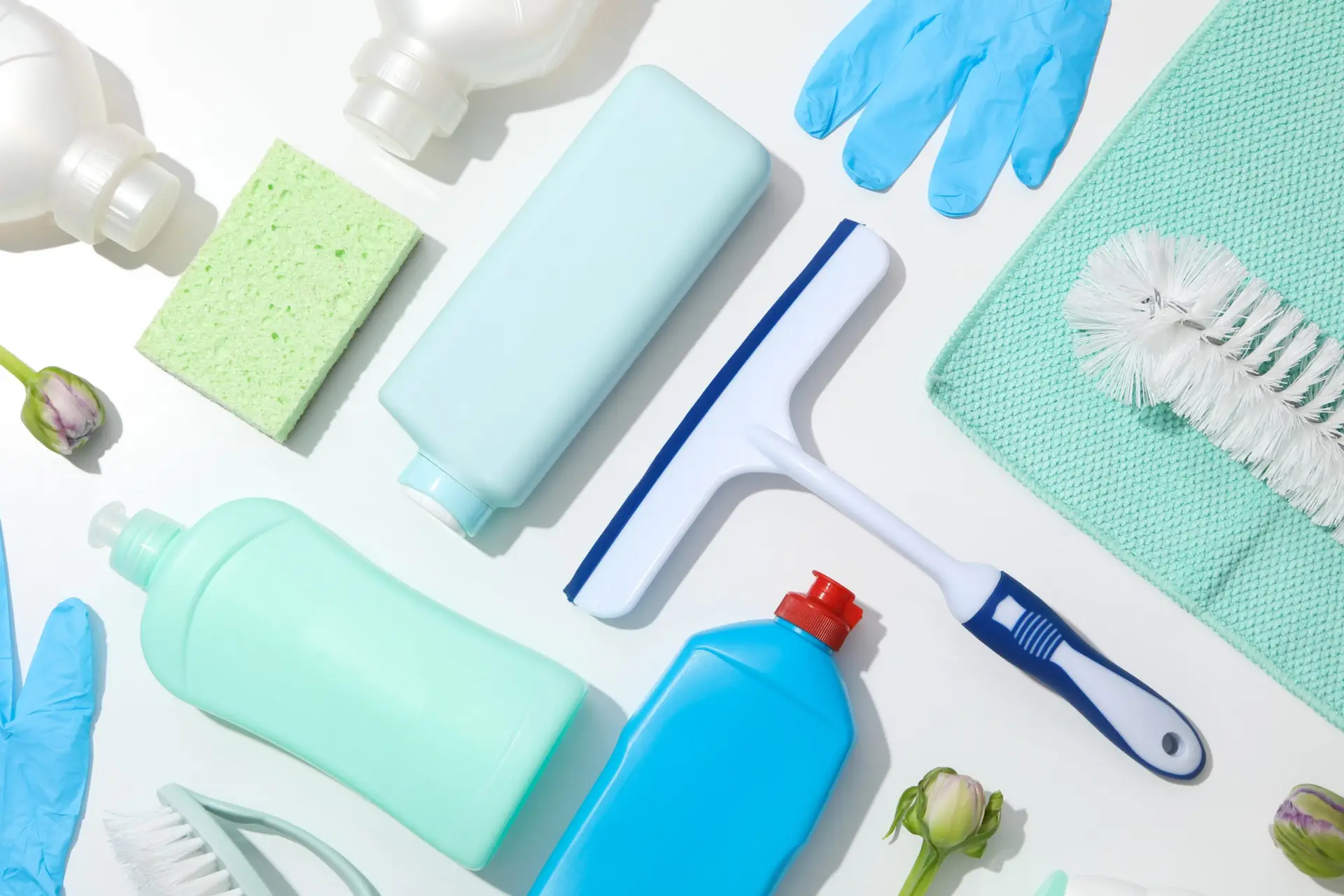 Spring cleaning products arranged neatly